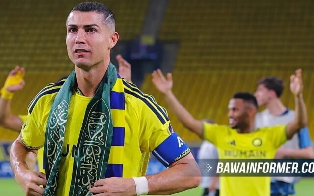 Cristiano Ronaldo celebrating a goal for Al-Nassr against Neftchi Fergana in the AFC