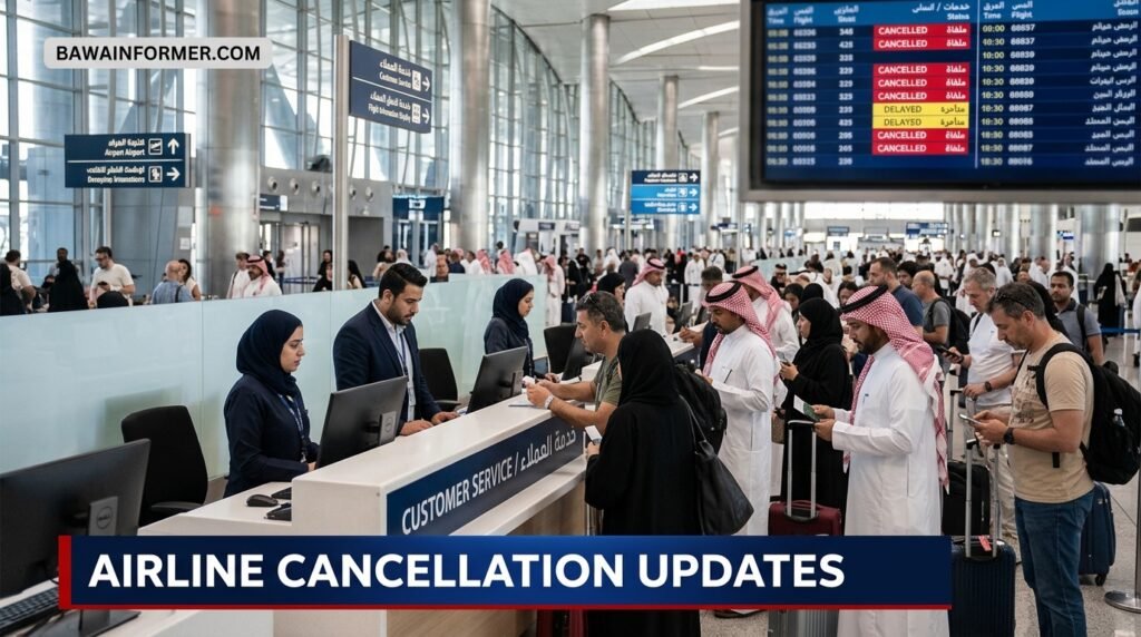 Airline customer service desk helping passengers with cancelled flights