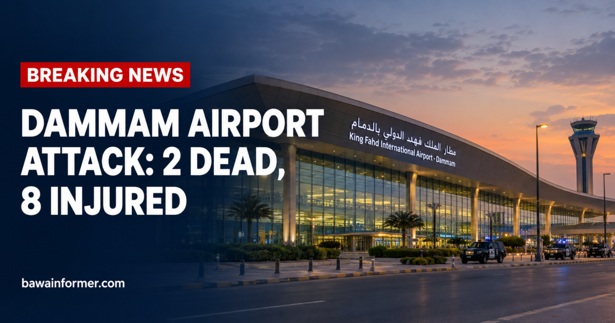 King Fahd International Airport terminal in Dammam, Saudi Arabia, at dusk after the attack