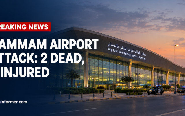 King Fahd International Airport terminal in Dammam, Saudi Arabia, at dusk after the attack