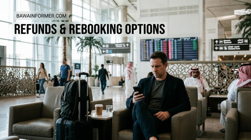 Traveller checking flight cancellation and rebooking information on a phone