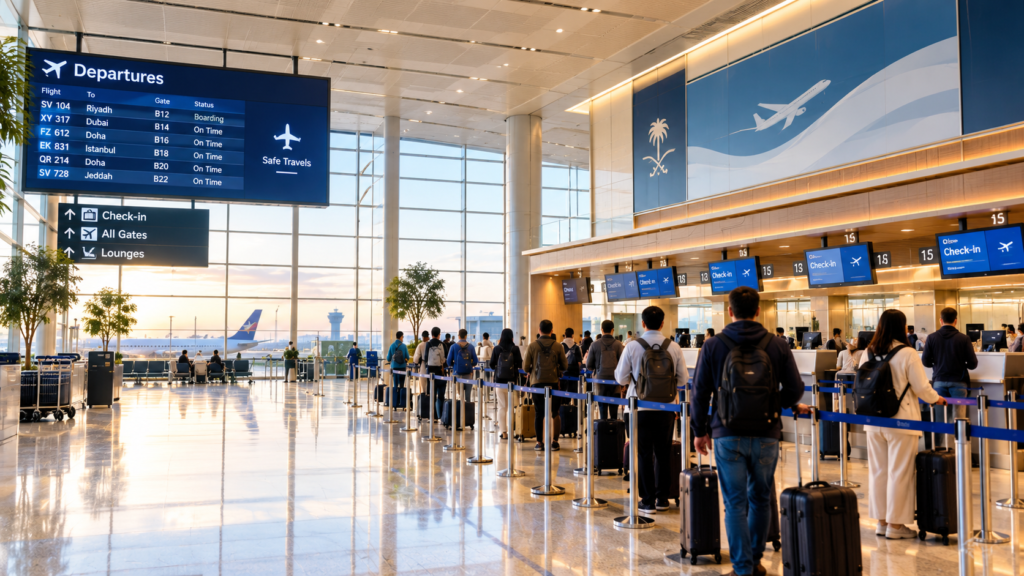 Passengers checking in at King Fahd International Airport as operations return to normal
