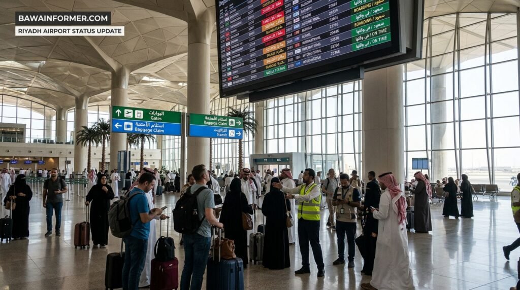 Airport departures board illustrating Riyadh flight status disruptions