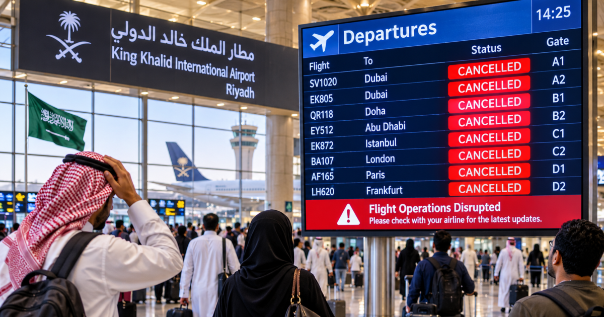 Passengers checking flight cancellations and travel updates at Riyadh Airport