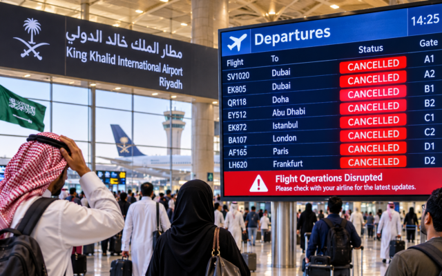 Passengers checking flight cancellations and travel updates at Riyadh Airport