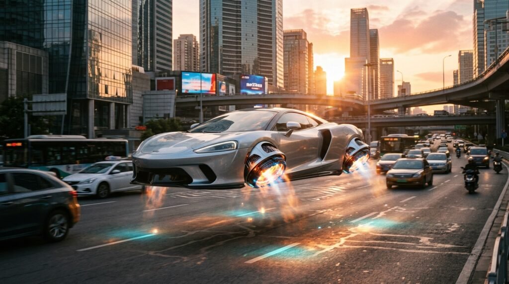 Futuristic flying sports car on a city road at dusk