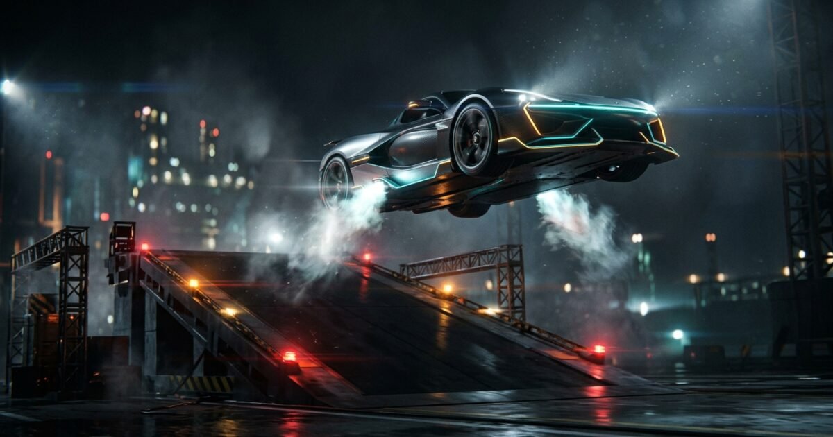 Tesla Roadster with thrusters launching off a ramp at night