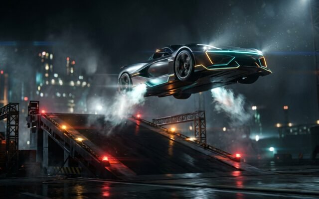 Tesla Roadster with thrusters launching off a ramp at night