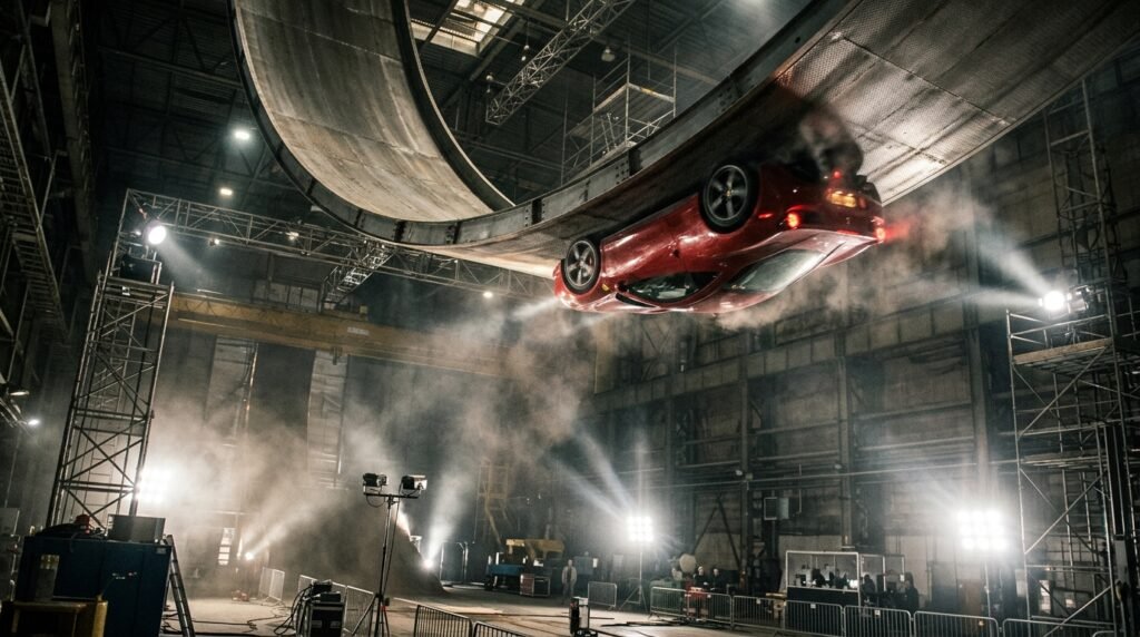 Electric sports car driving upside down on a curved ramp